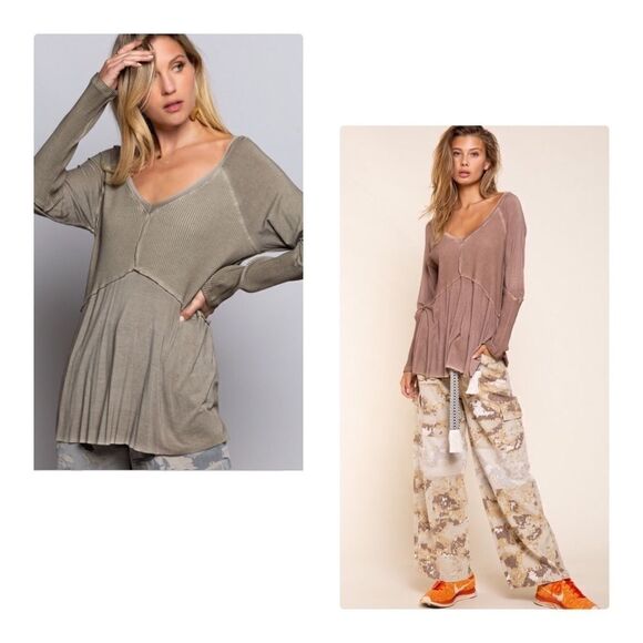 LONG Sleeve Top with Ribbed Detail Light Wash - Picture 9 of 14